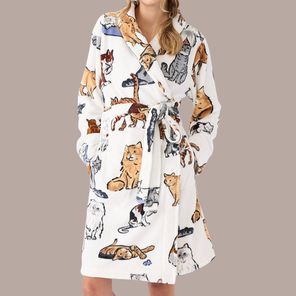 New Vera Bradley A CATS LIFE Fleece Robe S/M Small Medium White - Picture 2 of 5